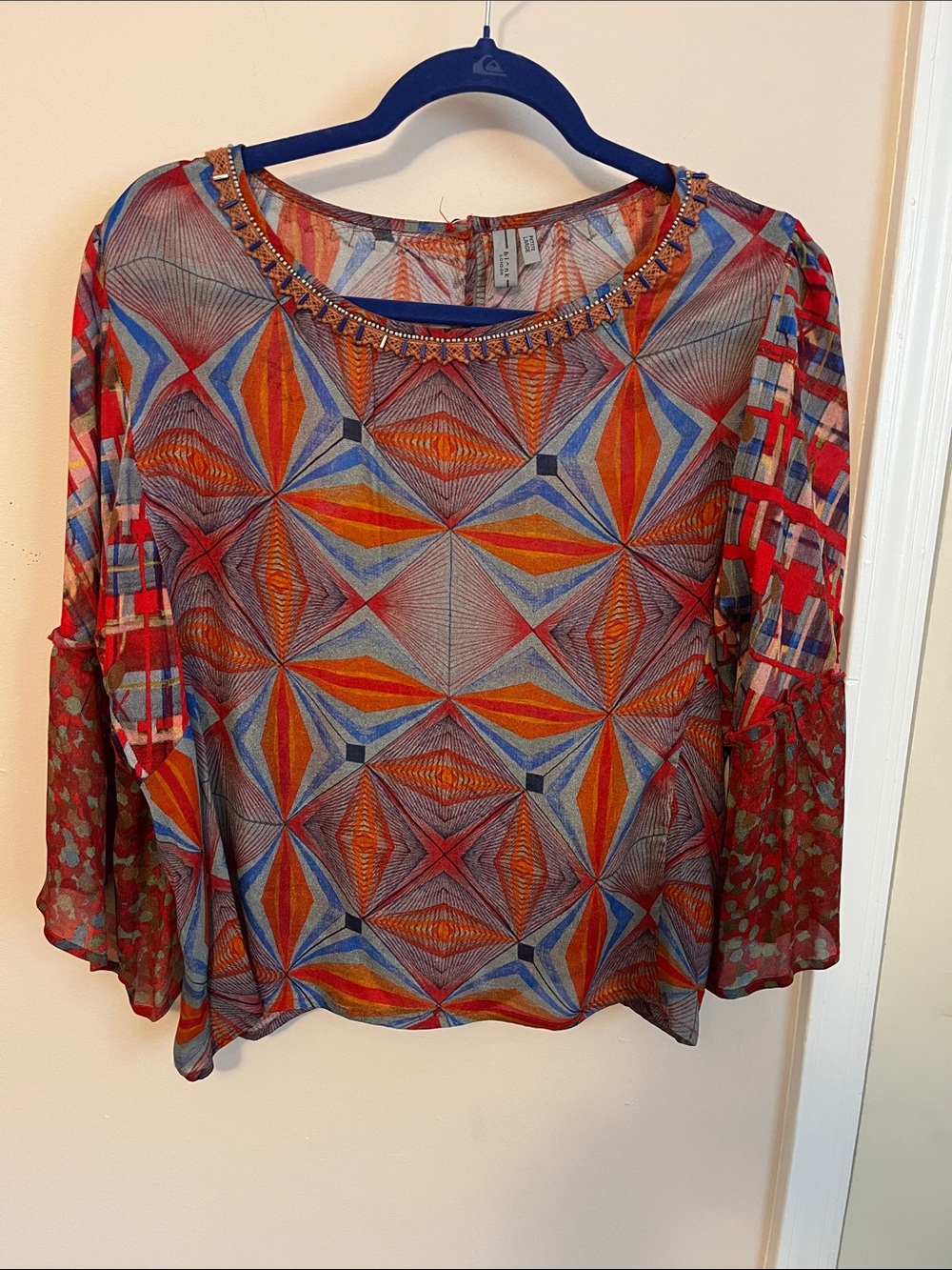 Bl^nk Embellished Multicolor Geometric Sheer Blouse